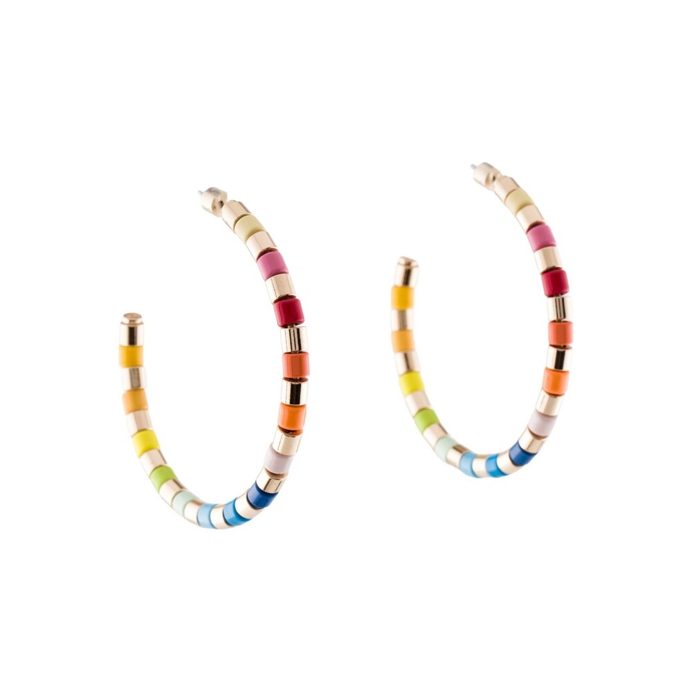 Roxanne Assoulin Golden Rainbow Enamel Beaded Hoop Earrings Brass Gold Tone NWOT